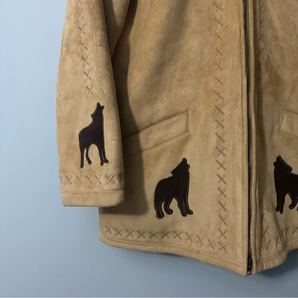 Coldwater Creek Wolf Faux Suede Coat Tan Fur Hooded Jacket Small Western Chic - Picture 4 of 11